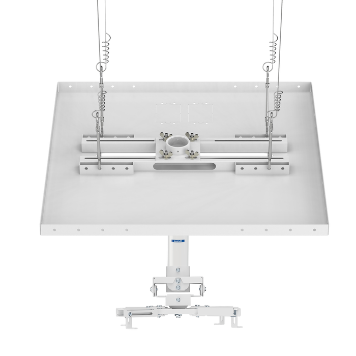 QualGear drop ceiling projector mount kit, 2 ft x 2 ft, white, assembled front view (QG-KIT-S2-3IN-W)