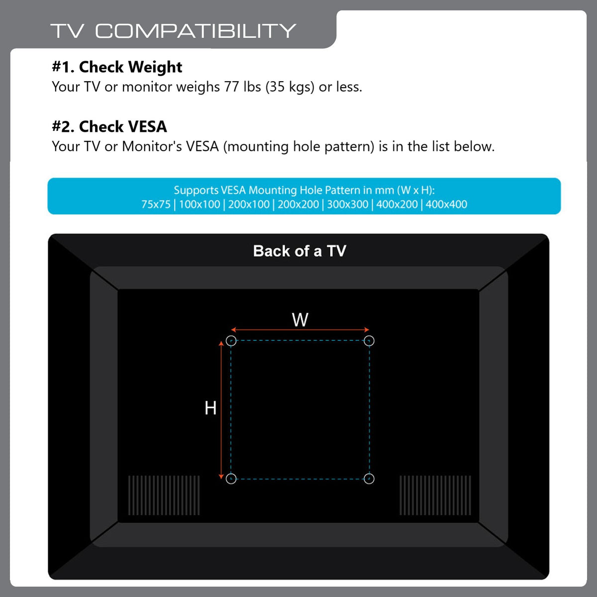 TV weight and VESA compatibility chart for QG-TM-004-WHT