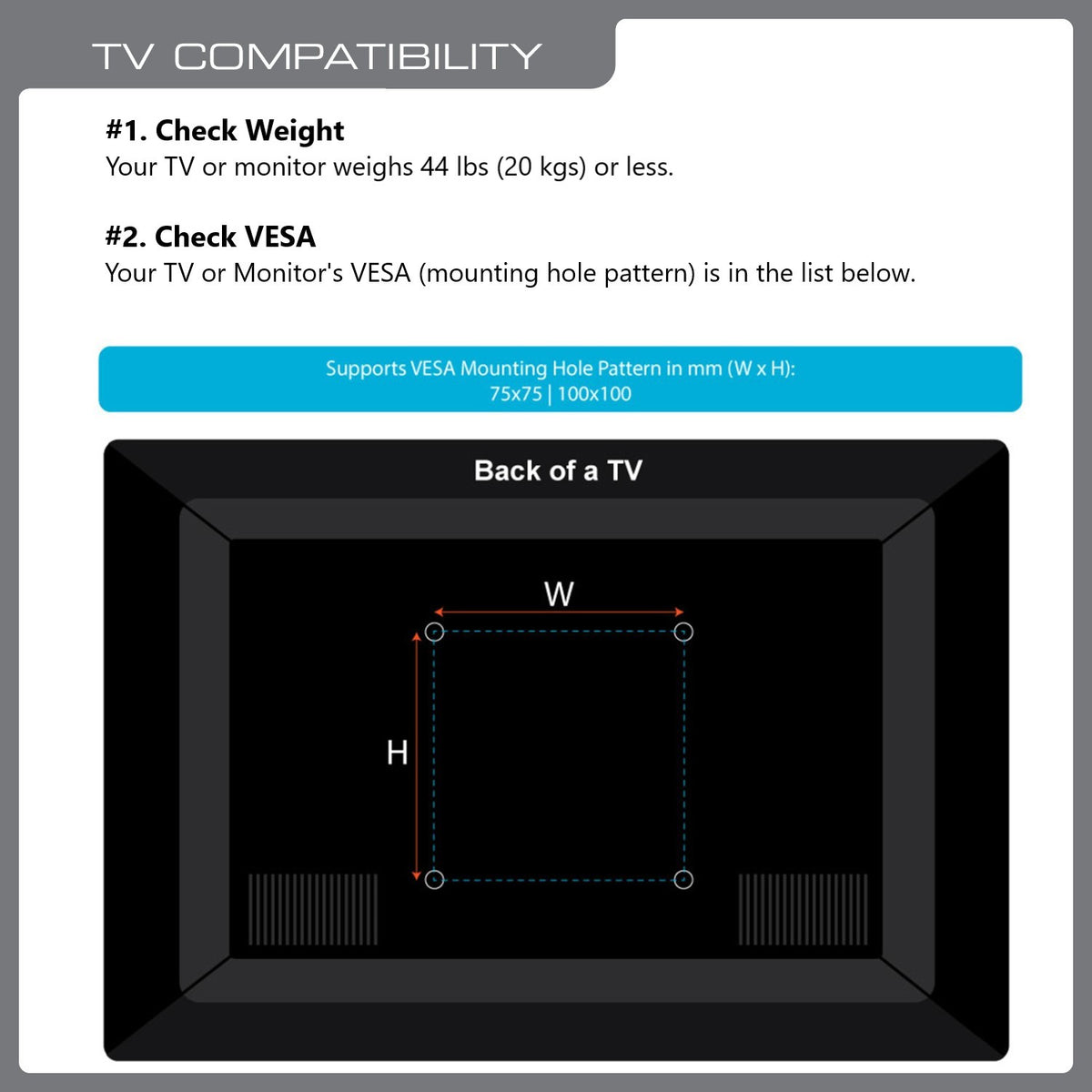 TV compatibility chart for QG-TM-022-BLK: fits TVs up to 44 lb with VESA patterns 75x75 and 100x100 mm
