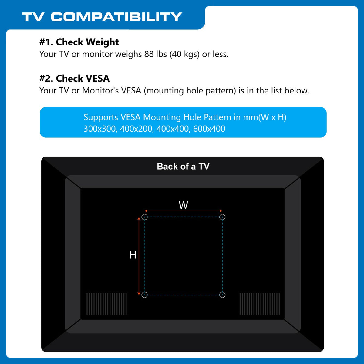 TV compatibility chart for QG-TM-030-BLK: fits TVs up to 88 lb with VESA patterns up to 600x400 mm