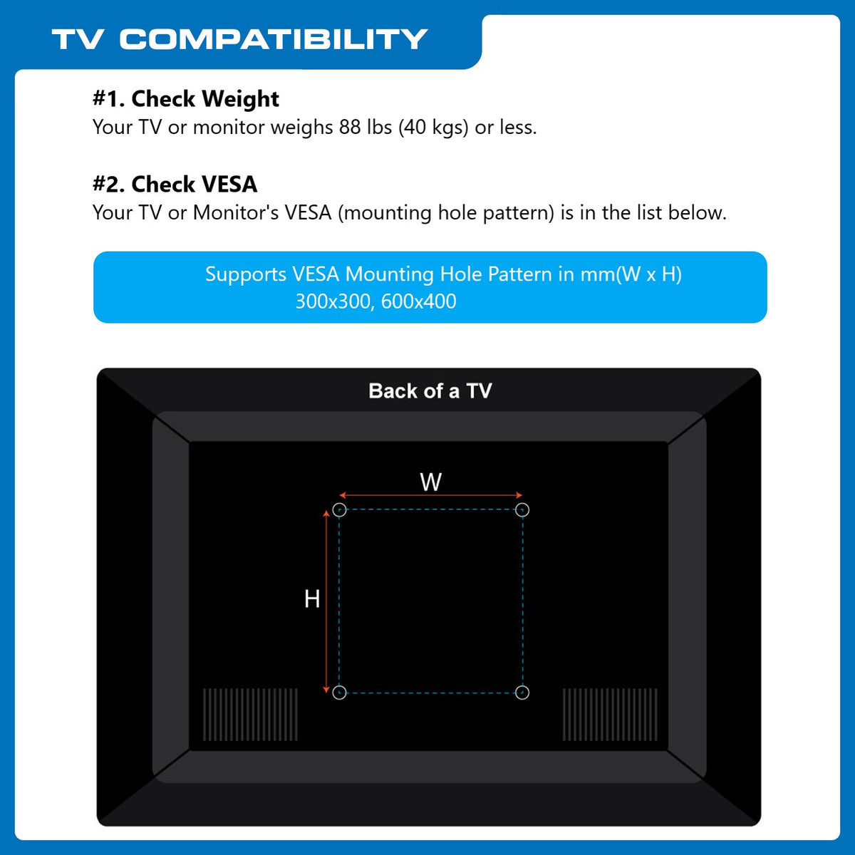 TV compatibility chart for QG-TM-032-BLK: fits TVs up to 88 lb with VESA patterns up to 600x400 mm