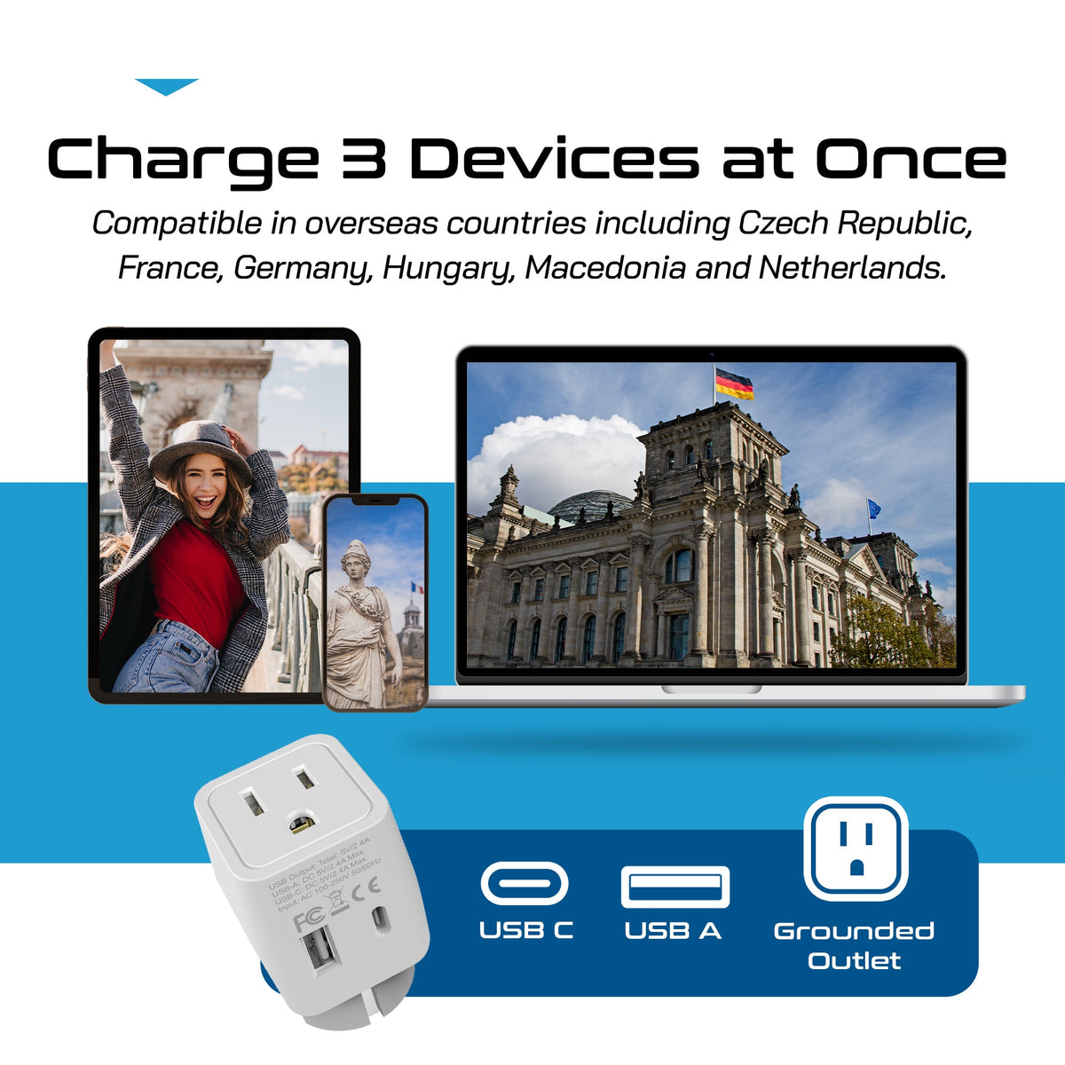 Europe (Schuko) Travel Adapter - Type E/F - USB A + USB C (CTU-9)