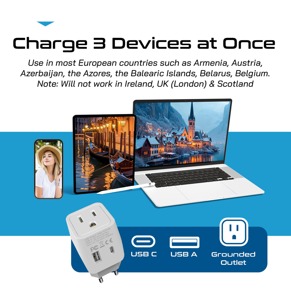European Travel Adapter - Type C - USB A + USB C (CTU-9C)