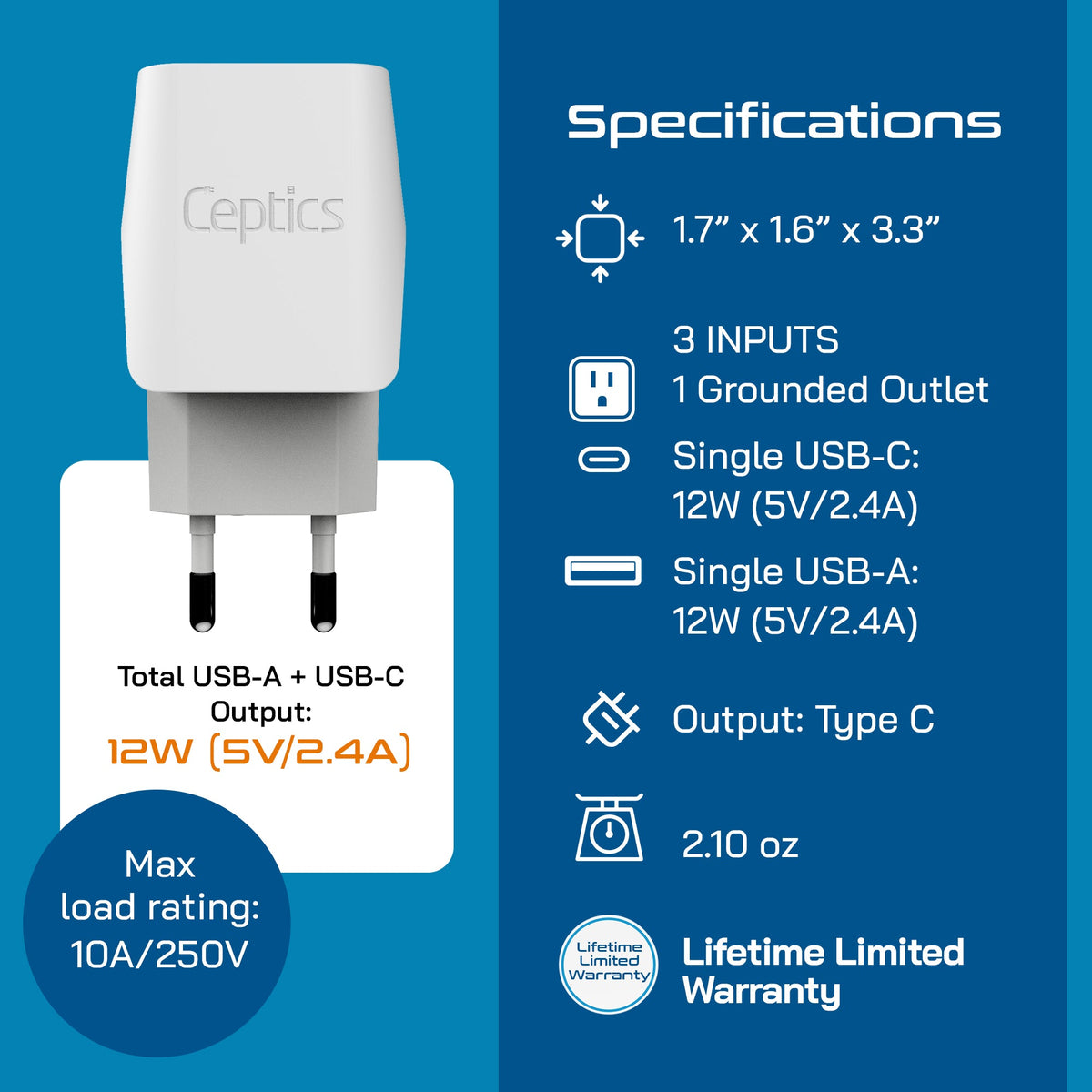 European Travel Adapter - Type C - USB A + USB C (CTU-9C)