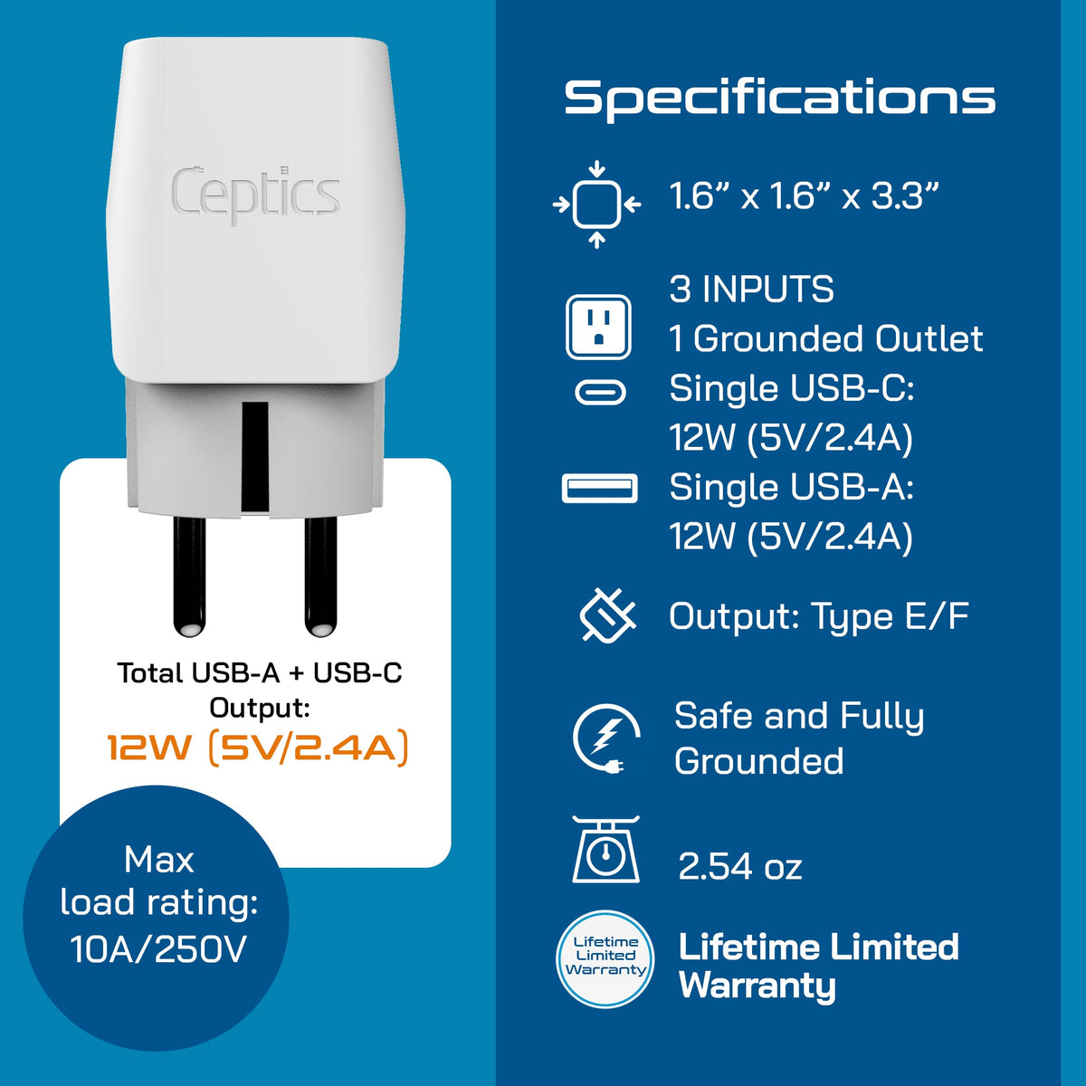 Europe (Schuko) Travel Adapter - Type E/F - USB A + USB C (CTU-9)