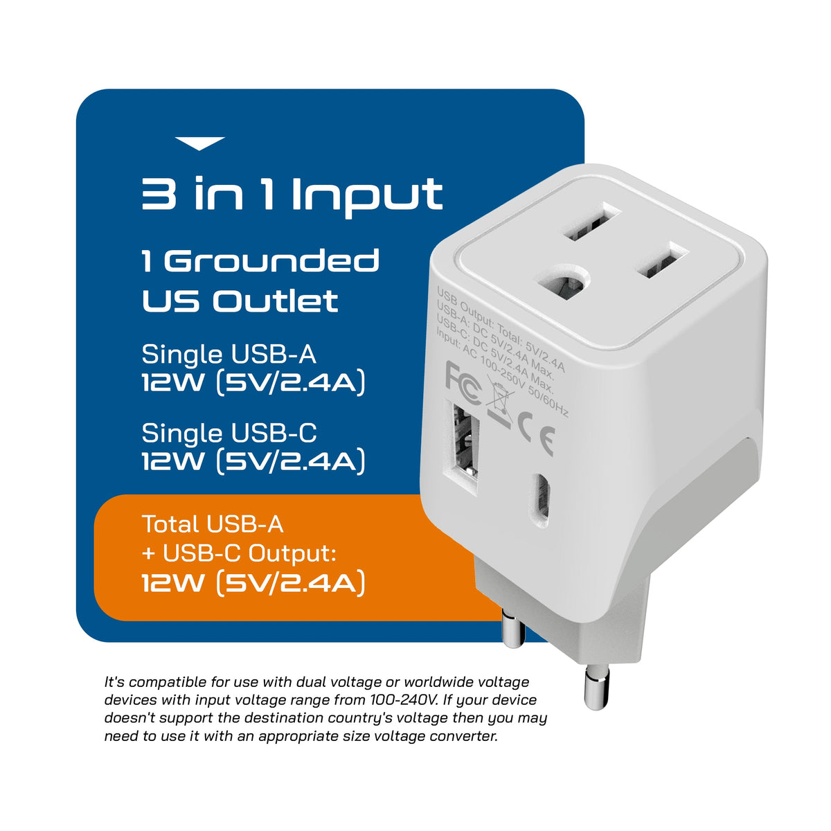 Italy Travel Adapter Plug Combo - Type C, L | USB-A + USB-C - Italian Combo (CTU-12-9C)