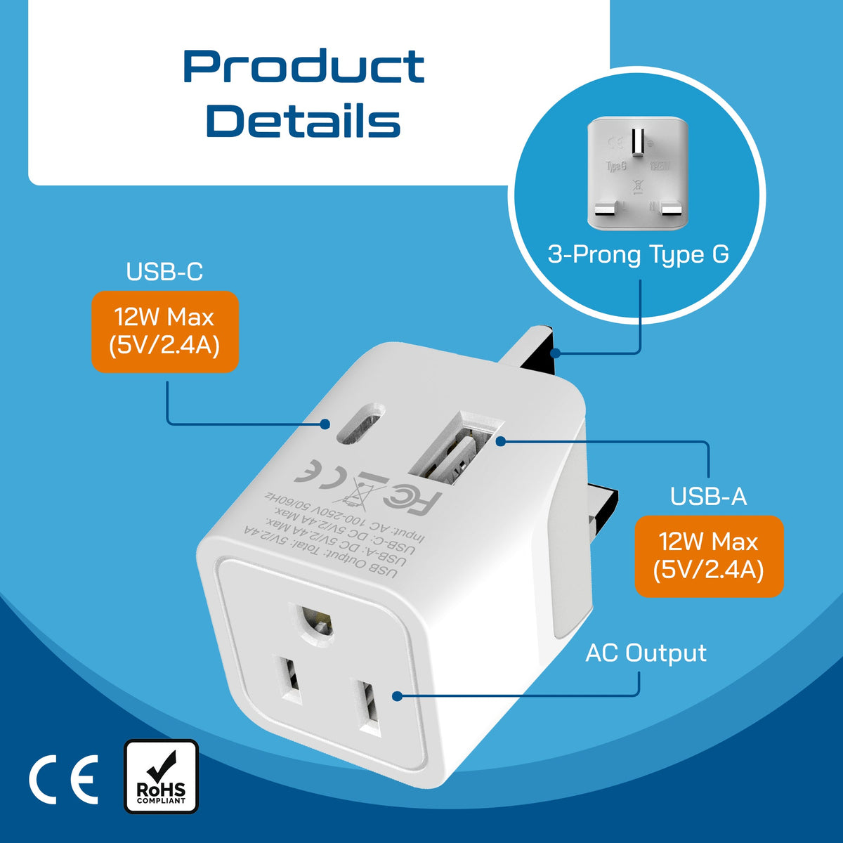 UK, England Travel Adapter - Type G - Dual USB (CTU-7)