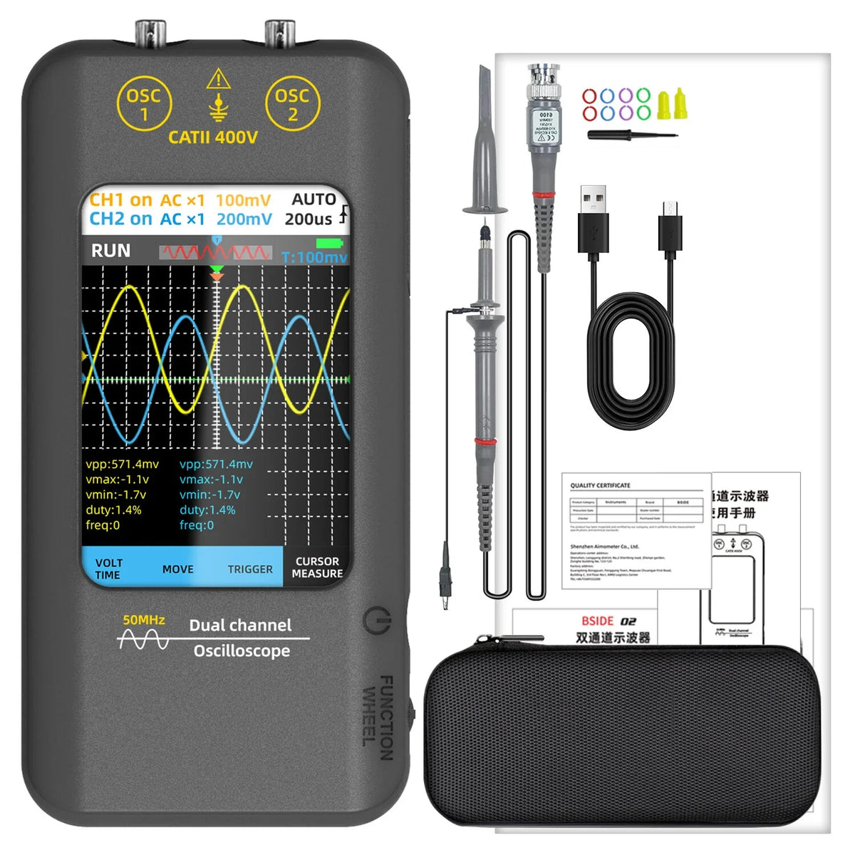 BSIDE O2 Dual Channel 50MHz Oscilloscope with Signal Generator