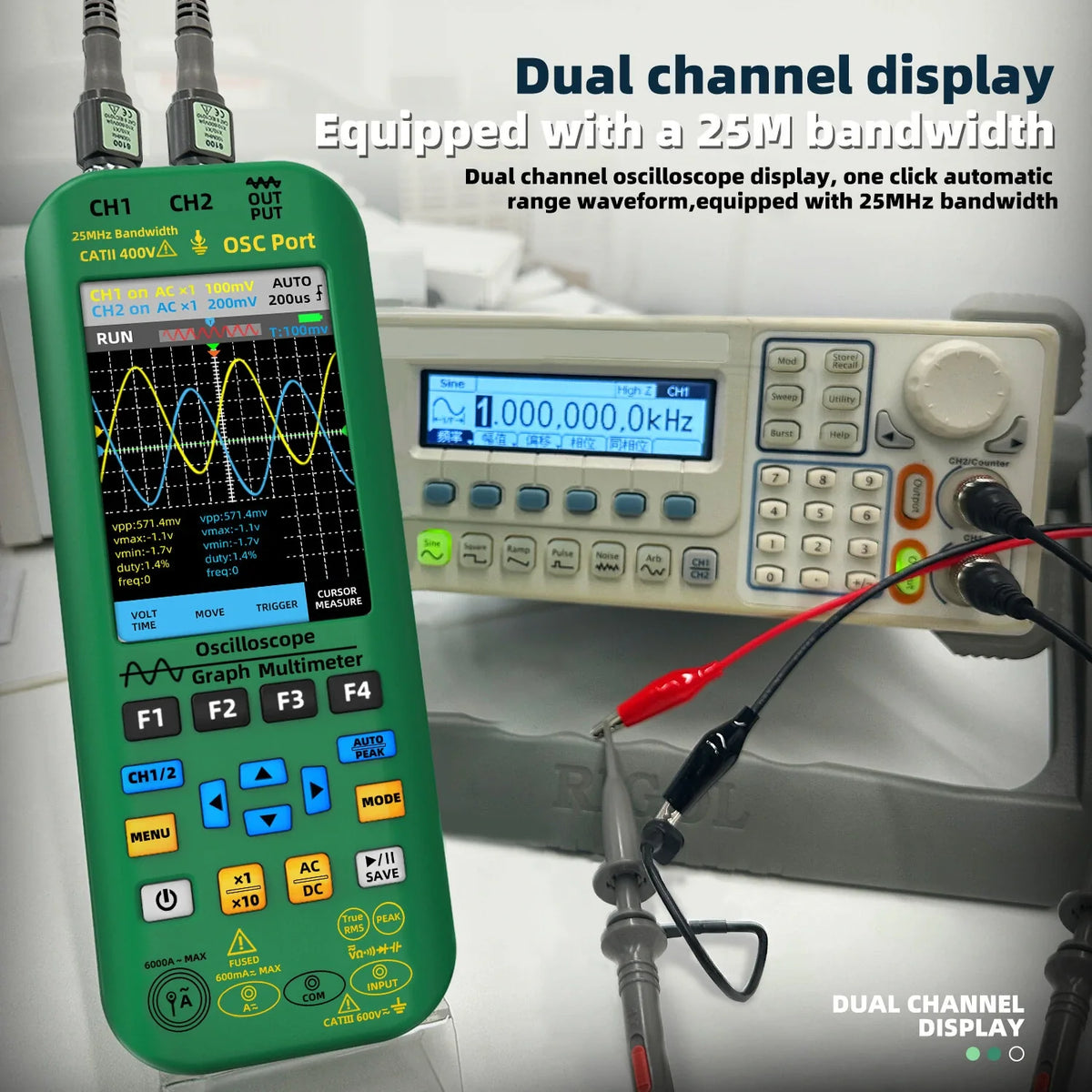 BSIDE O7 Handheld Oscilloscope 50MHz Dual Channel 4-in-1 Digital Multimeter with Function Generator & Current Tester