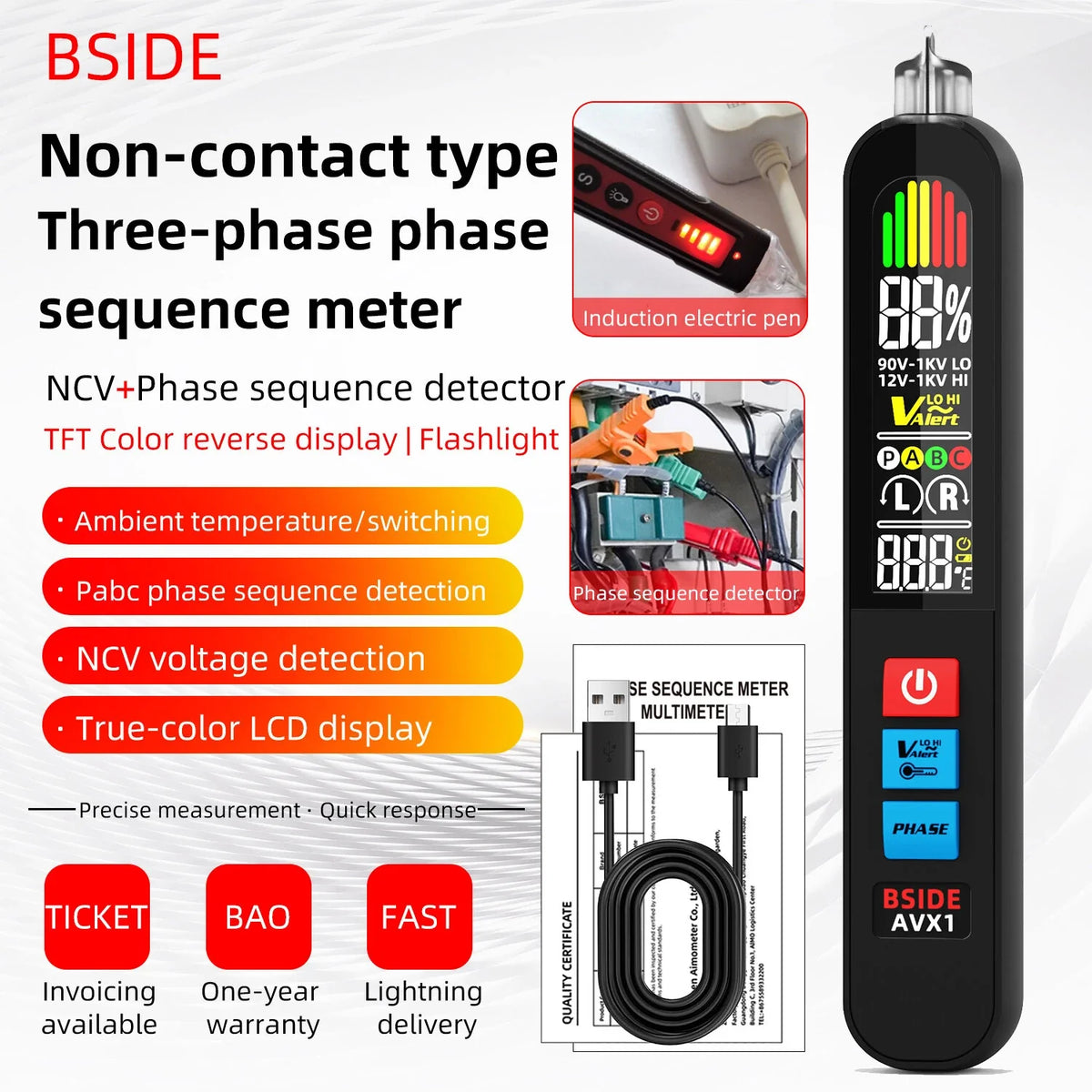 BSIDE AVX1 Phase Sequence Tester with Voltage & Temperature Detection