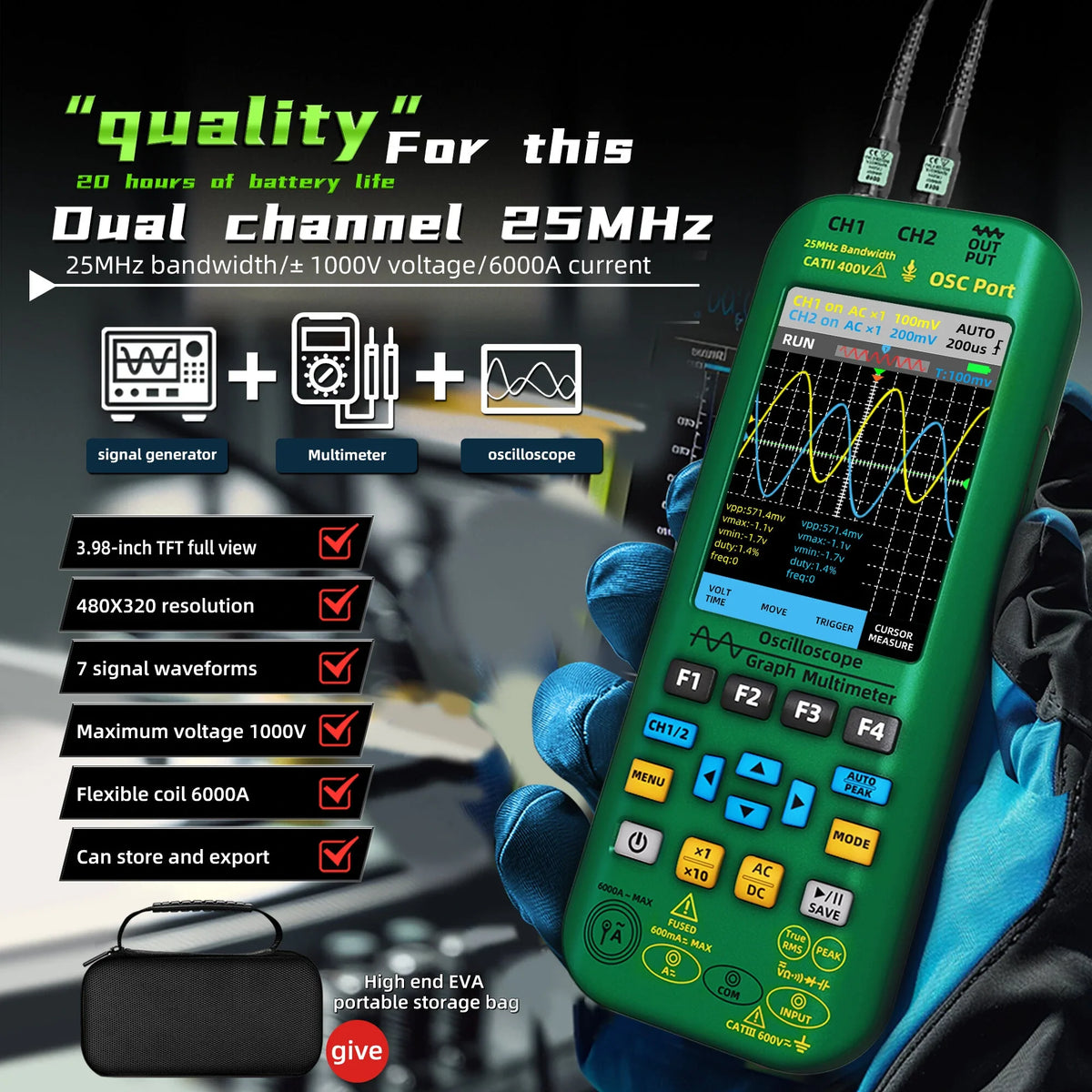 BSIDE O7 Handheld Oscilloscope 50MHz Dual Channel 4-in-1 Digital Multimeter with Function Generator & Current Tester