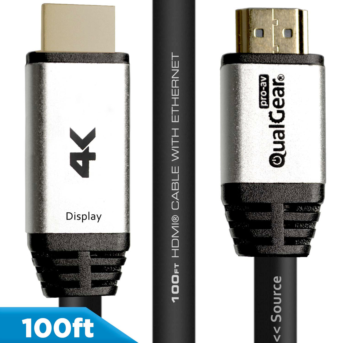 QualGear 4K HDMI 2.0 cable directional connectors labeled Display and Source, 100 ft, CL3 rated
