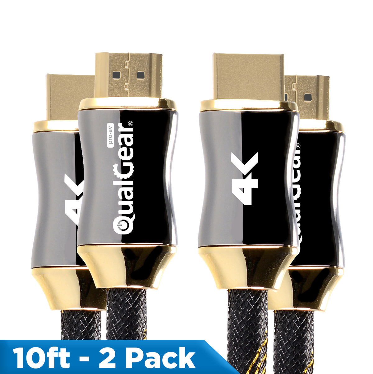 QualGear Premium Certified HDMI 2.0b cable connectors with gold-plated plugs and braided jacket, 10 ft, 2-pack