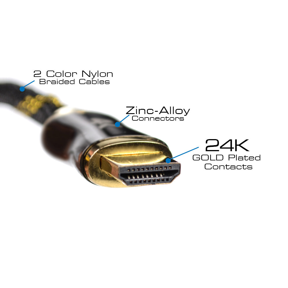QualGear Premium Certified HDMI cable feature callouts: nylon braided jacket, zinc alloy connectors, 24K gold-plated contacts