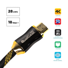 QualGear Premium Certified HDMI cable close-up with 28 AWG and 18 Gbps callouts
