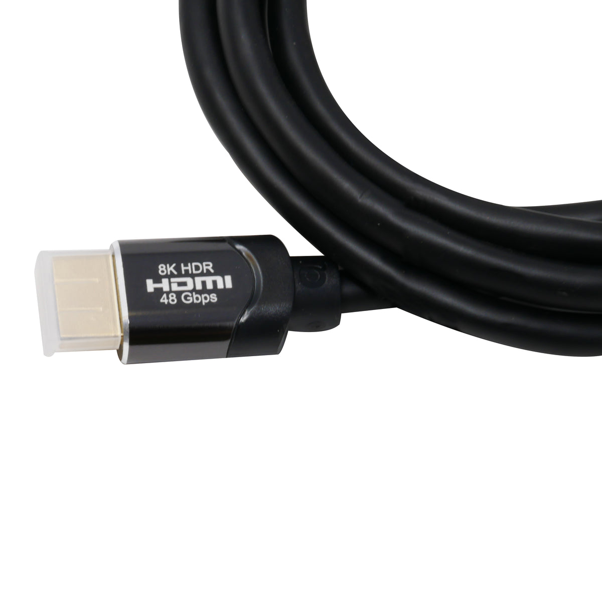 QualGear HDMI 2.1 cable connector close-up labeled 8K HDR 48 Gbps, with coiled cable
