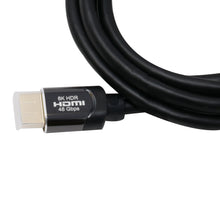 QualGear HDMI 2.1 cable connector close-up labeled 8K HDR 48 Gbps, with coiled cable