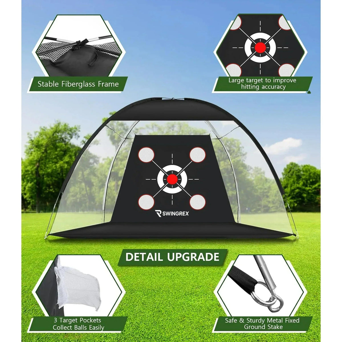 SwingRex 10x7 FT Golf Practice Net with Mat & Target | Backyard Driving & Chipping Trainer (4 Pockets)