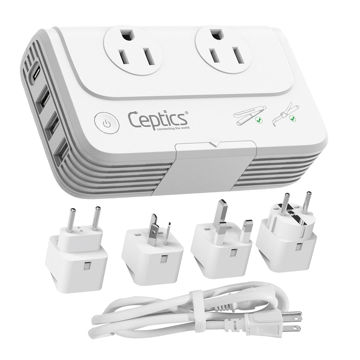 200W Step Down Converter – 2x outlets & 3 USB-A + 1 USB-C – AC 220-240V to 110V-120V Travel Voltage Converter - (PU-200X)