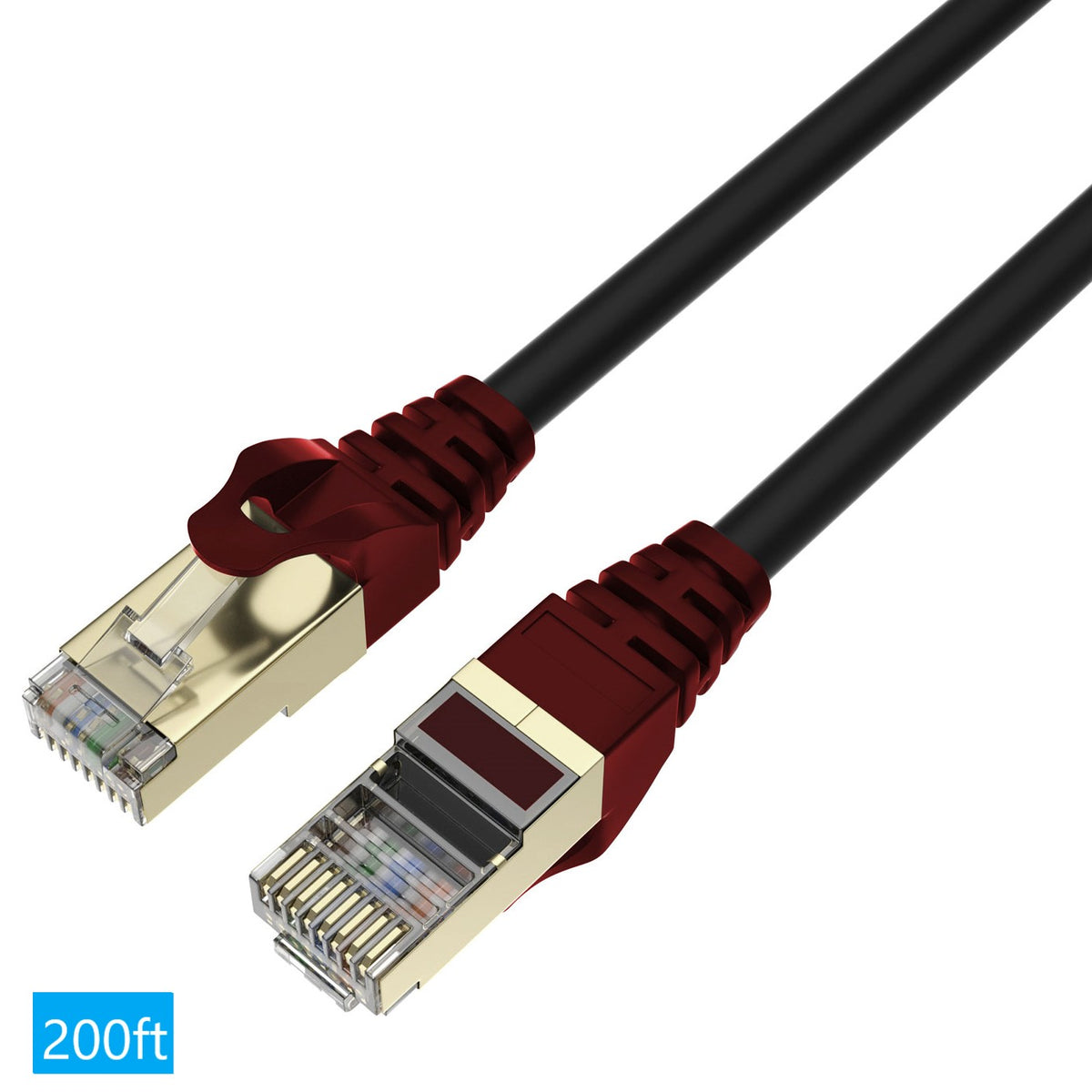 QualGear Cat 7 outdoor Ethernet cable shielded RJ45 connectors, black with dark red boots, 200 ft length option