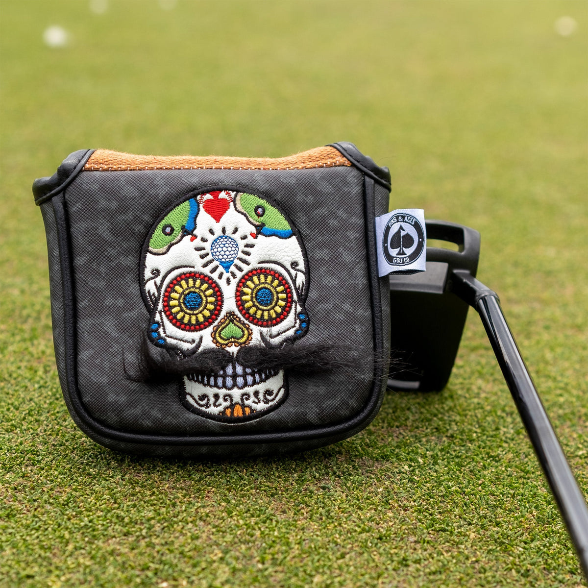 Mustache Sugar Skull - Mallet Putter Cover Gray Camo