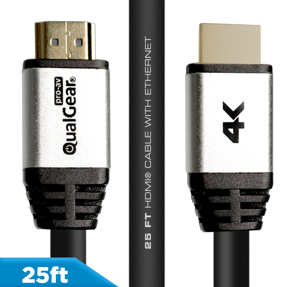 QualGear 4K HDMI 2.0 cable connectors with silver shells, 25 ft, CL3 rated