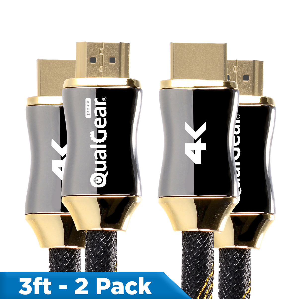 QualGear Premium Certified HDMI 2.0b cable connectors with gold-plated plugs and braided jacket, 3 ft, 2-pack