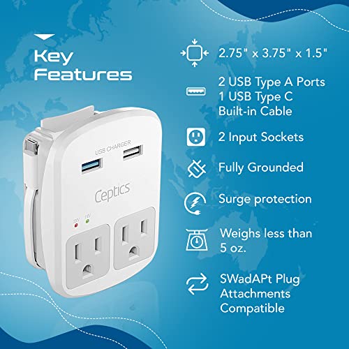 World-Way 6 Travel Adapter Kit | 2 USB, 1 USB-C Cable + 2 US Outlets - Grounded (WPS-2B)