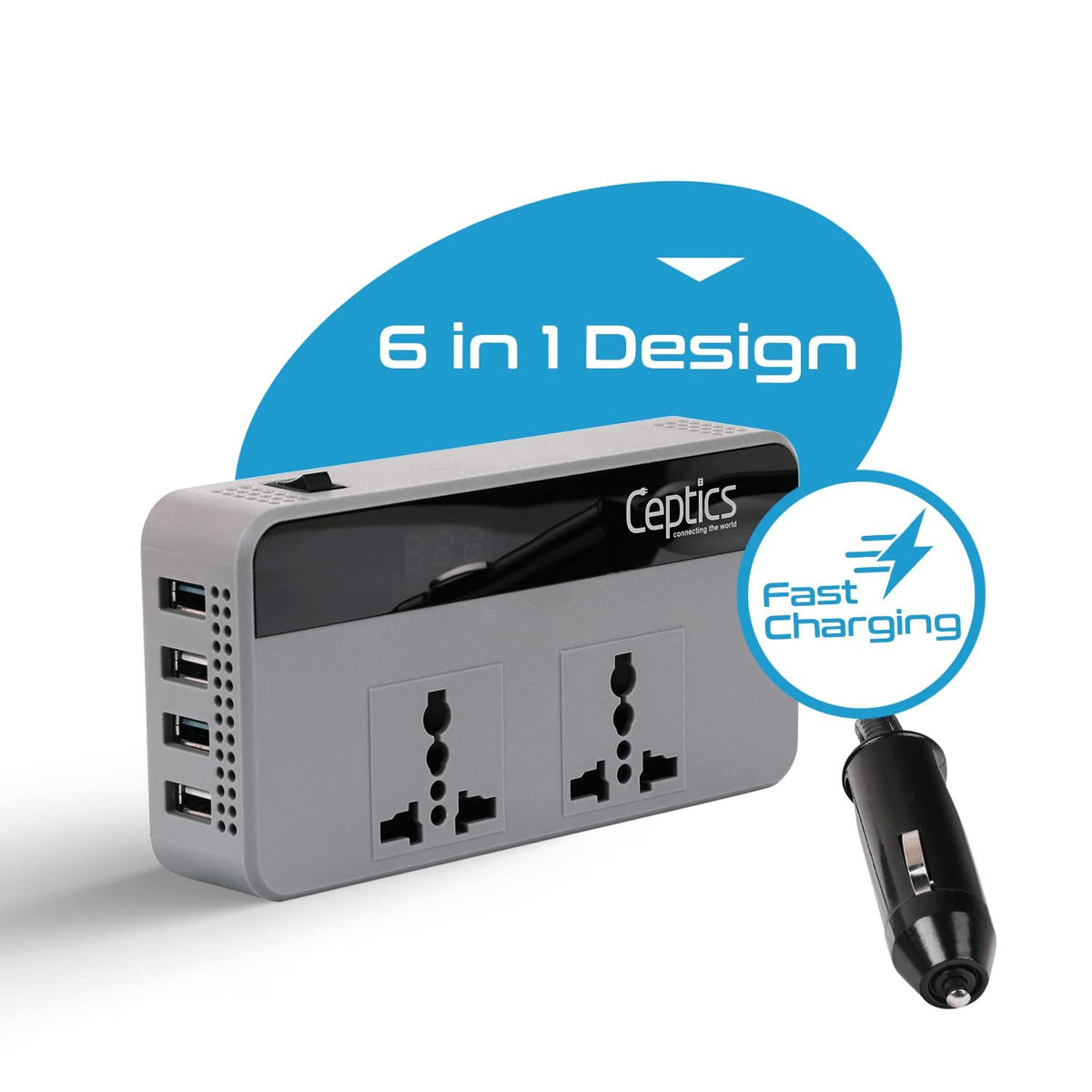 Ceptics 200W Car Power Inverter Charger with Digital Display and SmartVoltage™ Technology (PI-200W4U)