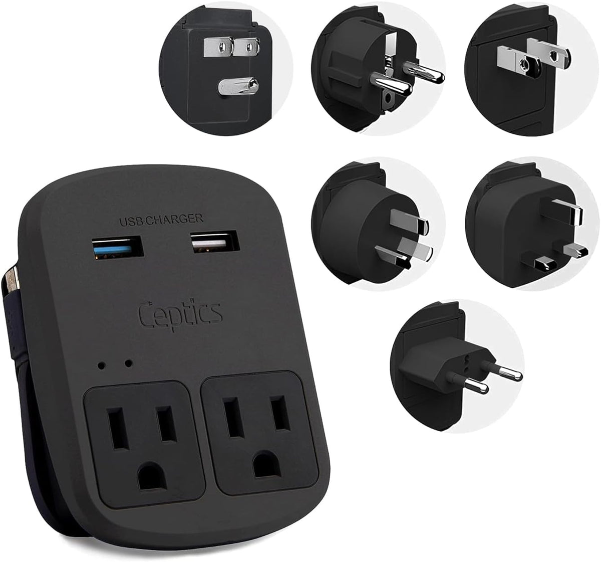 World-Way 6 Travel Adapter Kit | 2 USB, 1 USB-C Cable + 2 US Outlets - Grounded (WPS-2B)