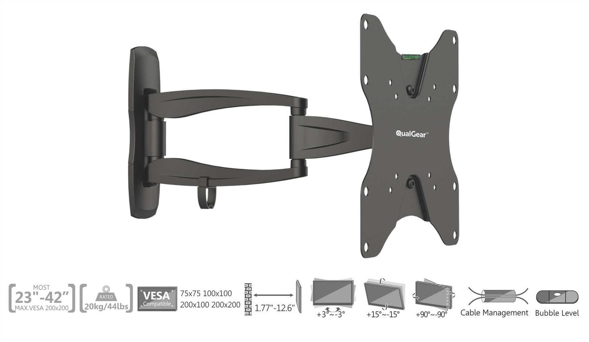QG-TM-A-013 articulating arm extended, with rated spec icons, black