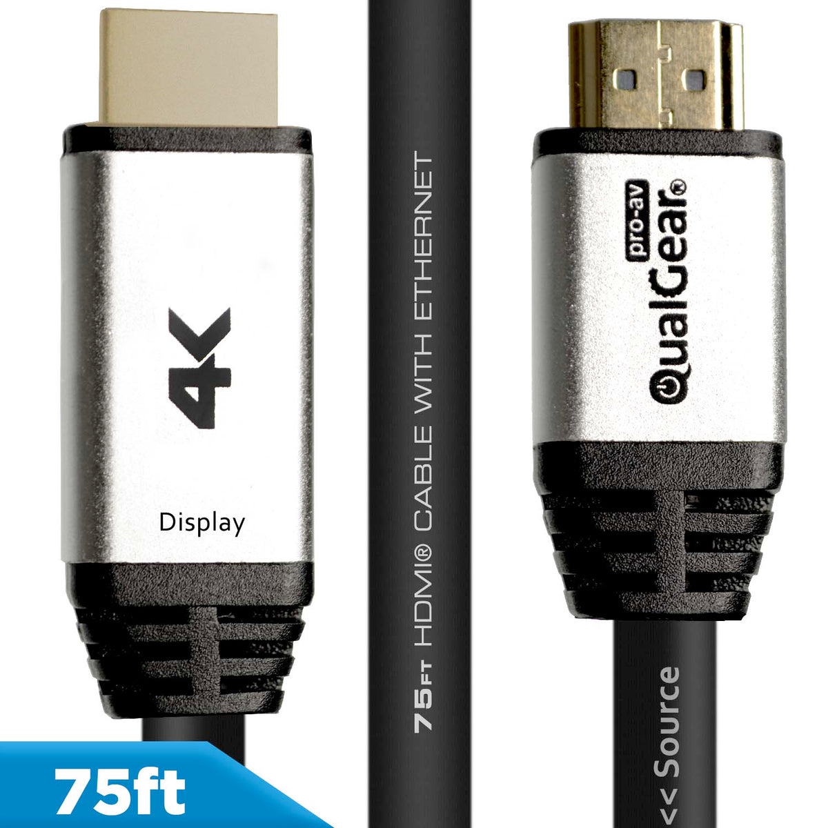 QualGear 4K HDMI 2.0 cable directional connectors labeled Display and Source, 75 ft, CL3 rated