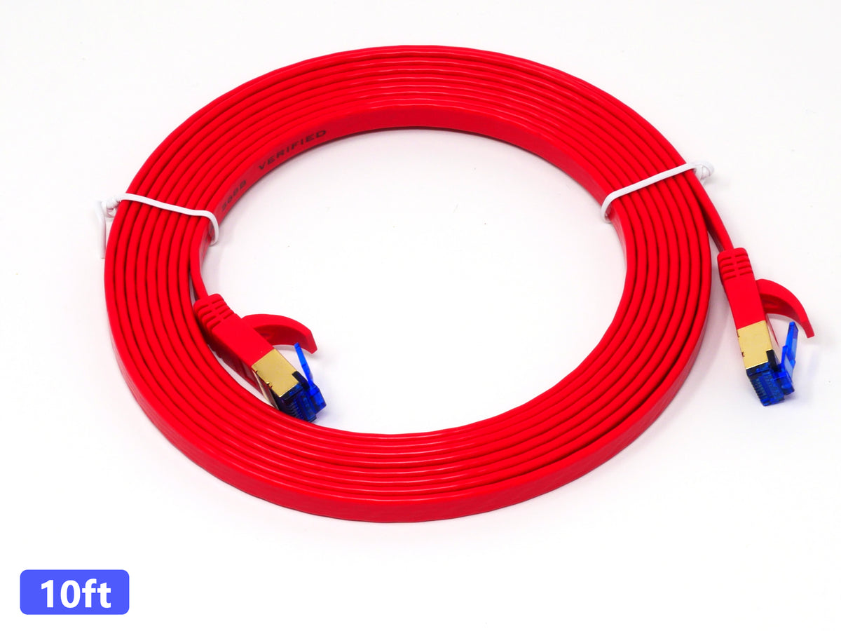 QualGear Cat 7 flat Ethernet patch cable coiled, red, 10 ft length option