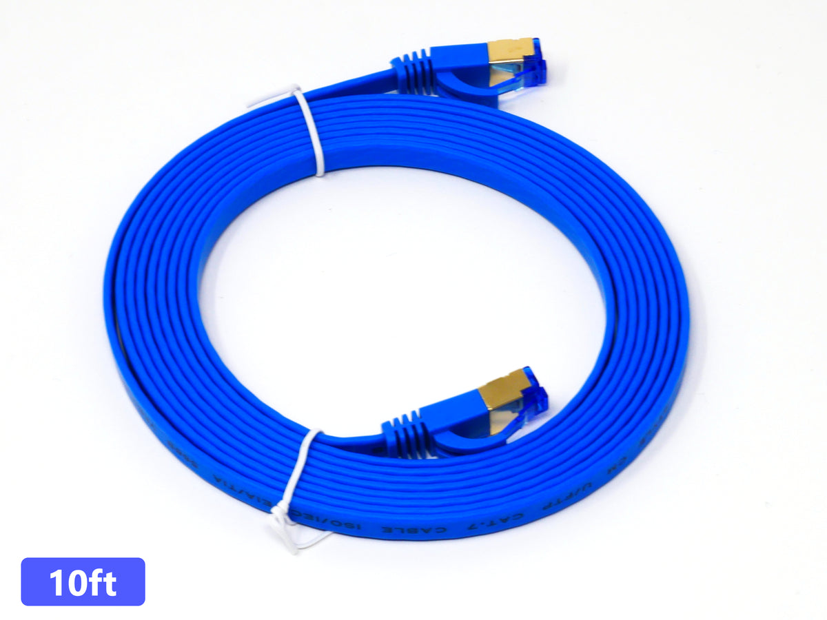 QualGear Cat 7 flat Ethernet patch cable coiled, blue, 10 ft length option