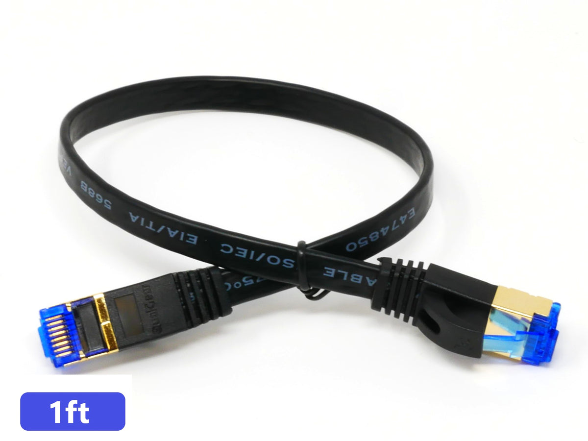 QualGear Cat 7 flat Ethernet patch cable coiled, black, 1 ft length option