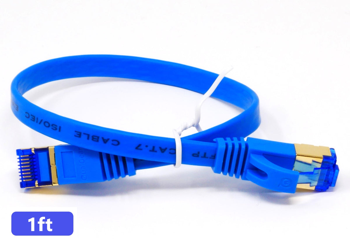 QualGear Cat 7 flat Ethernet patch cable coiled, blue, 1 ft length option