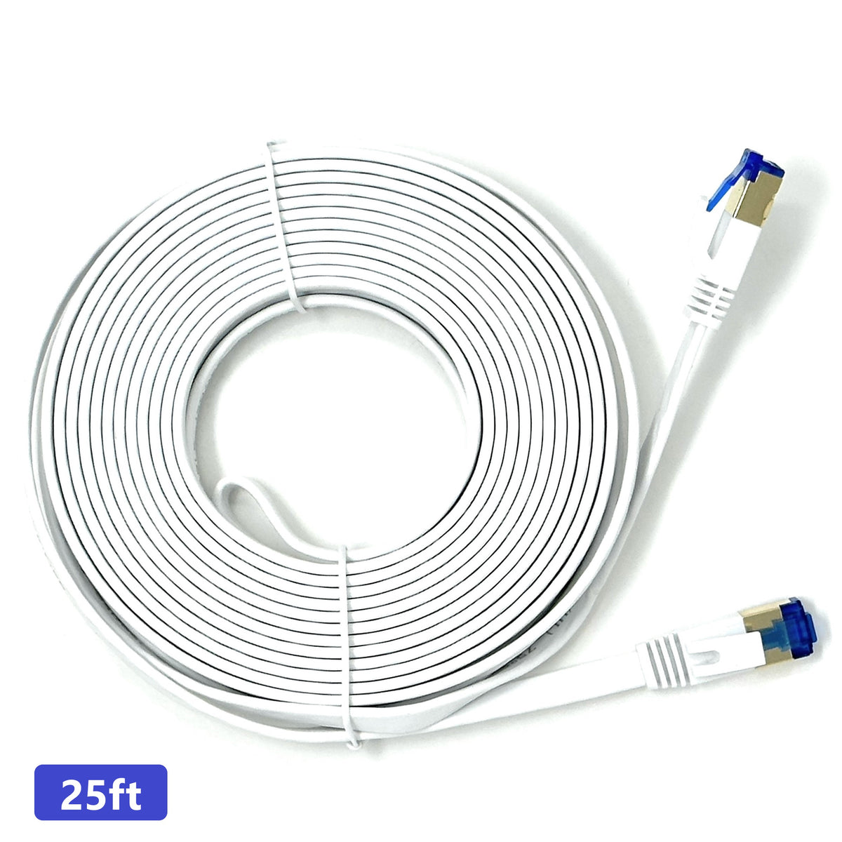 QualGear Cat 7 flat Ethernet patch cable coiled, white, 25 ft length option