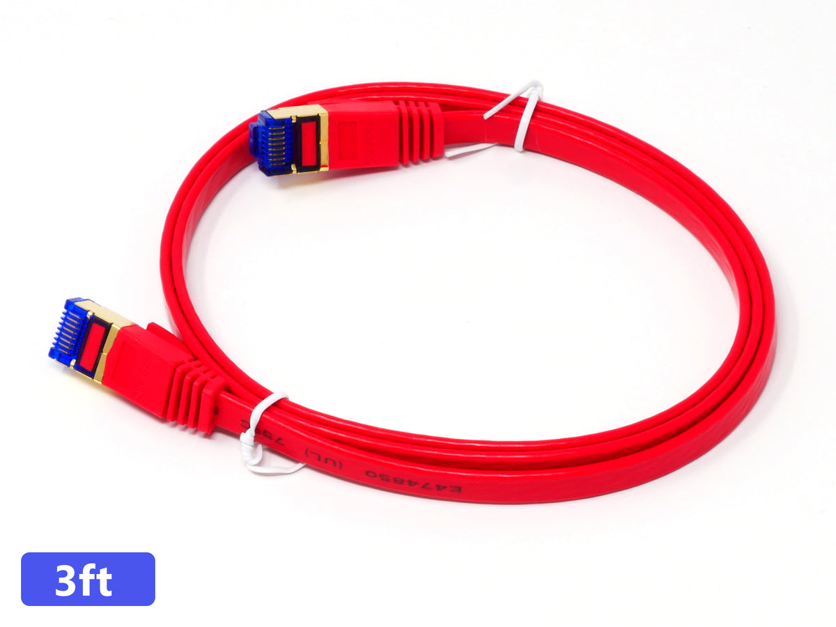 QualGear Cat 7 flat Ethernet patch cable coiled, red, 3 ft length option