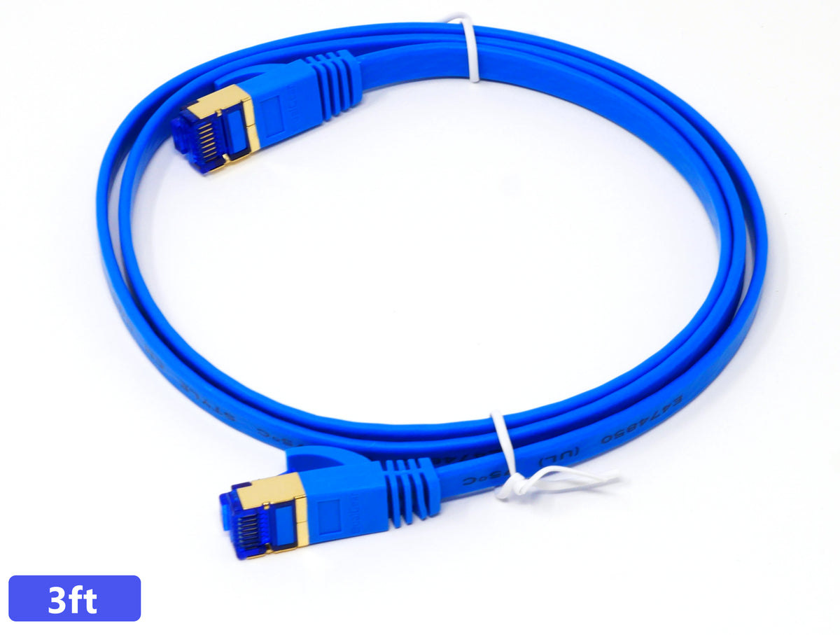 QualGear Cat 7 flat Ethernet patch cable coiled, blue, 3 ft length option