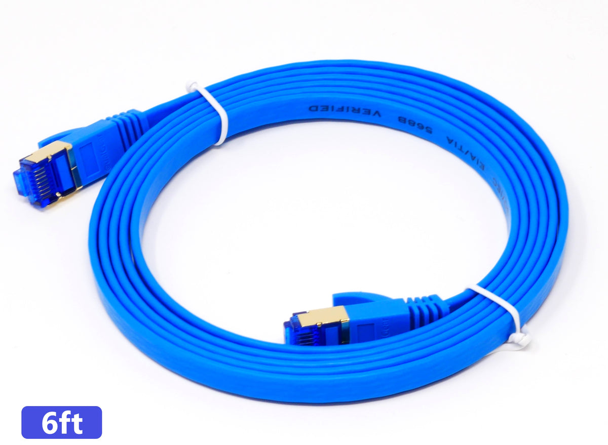 QualGear Cat 7 flat Ethernet patch cable coiled, blue, 6 ft length option