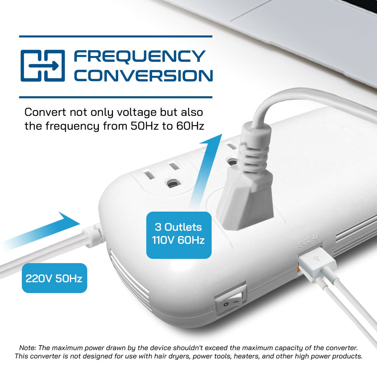 300W Step Down Converter – 3x USA Outlets & 1 USB-A + 1 USB-C PD 18W – AC 220-240V 50Hz to 110-120V 60Hz Travel Voltage & Frequency Converter - (PU-300-WS)