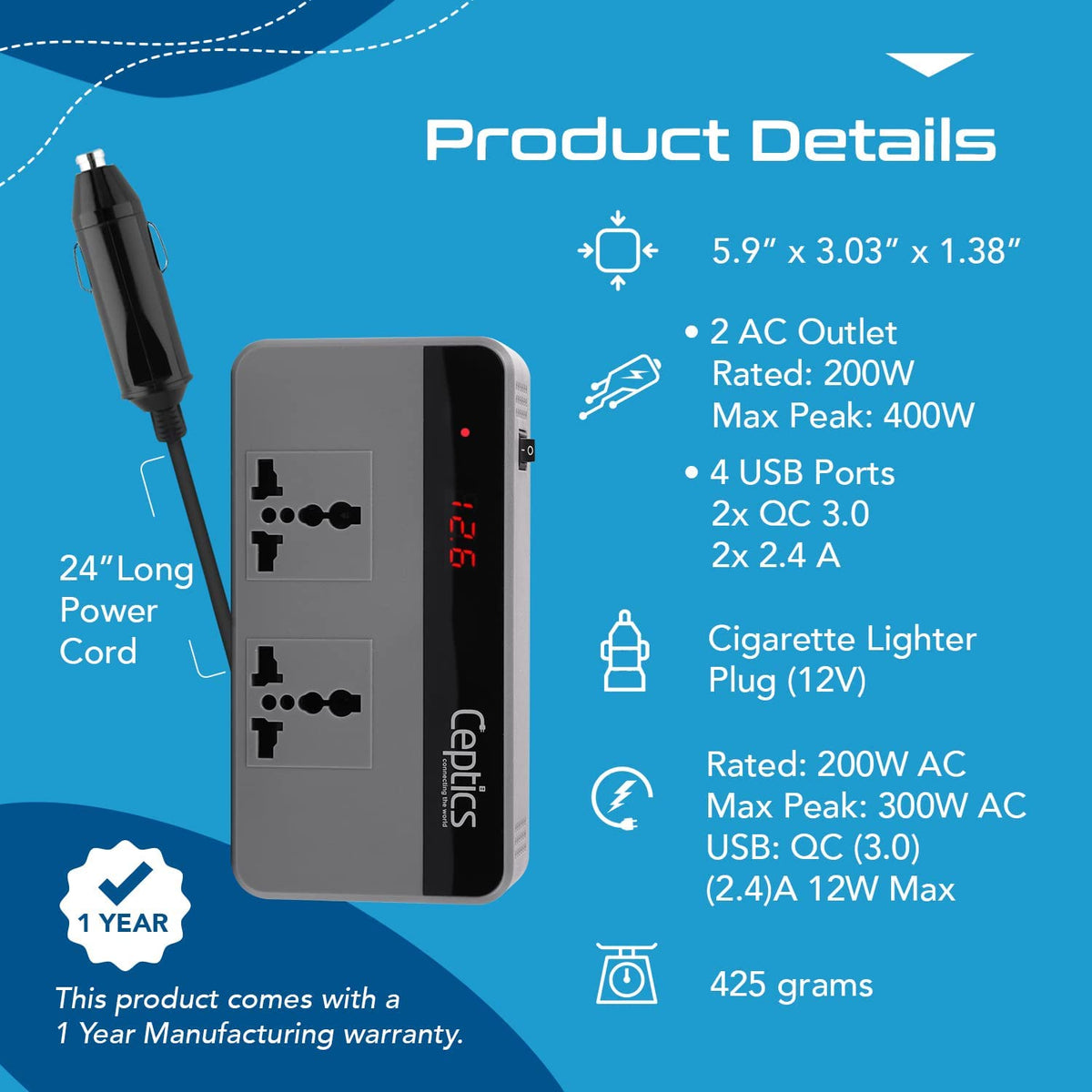 Ceptics 200W Car Power Inverter Charger with Digital Display and SmartVoltage™ Technology (PI-200W4U)
