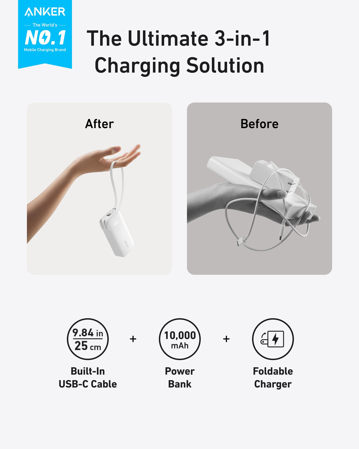 Anker Power Bank (10K, Fusion, Built-In Cable)