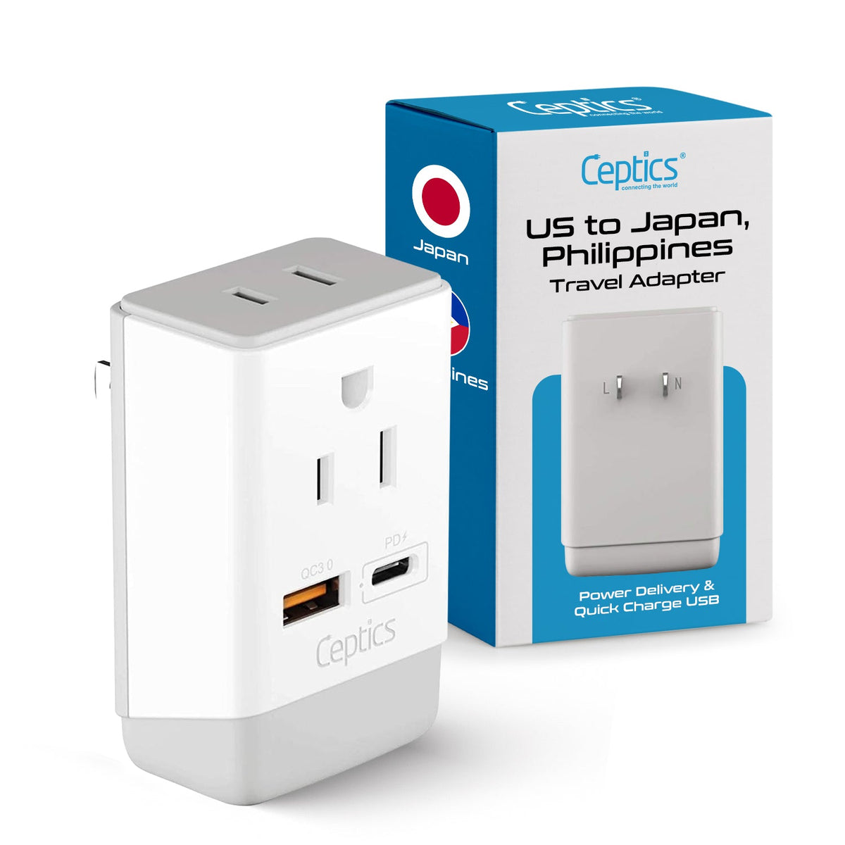 Japan, Philippines Travel Adapter | Type A - USB-A & USB-C Ports + 2 USA Outlet (AP-6)
