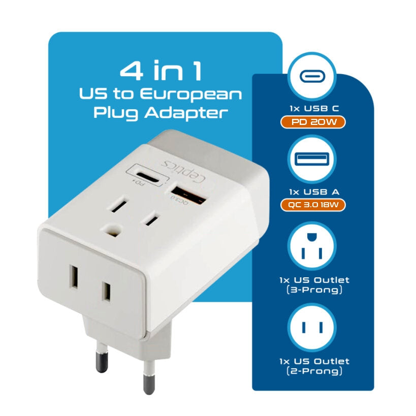 European Travel Adapter | Type C - USB-A & USB-C Ports + 2 USA Outlet (AP-9C)