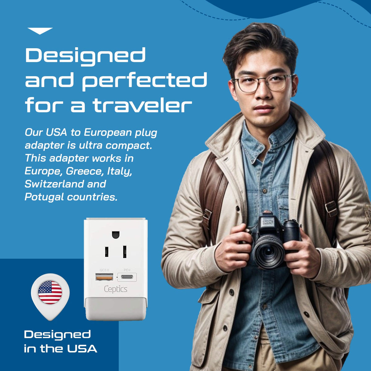 European Travel Adapter | Type C - USB-A & USB-C Ports + 2 USA Outlet (AP-9C)