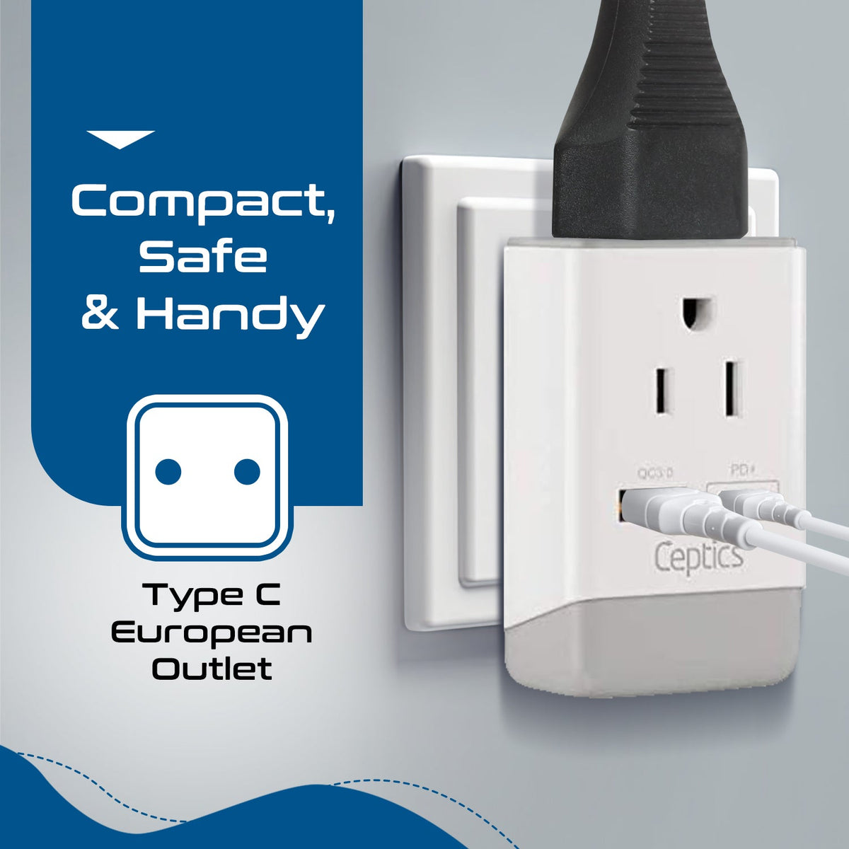 European Travel Adapter | Type C - USB-A & USB-C Ports + 2 USA Outlet (AP-9C)