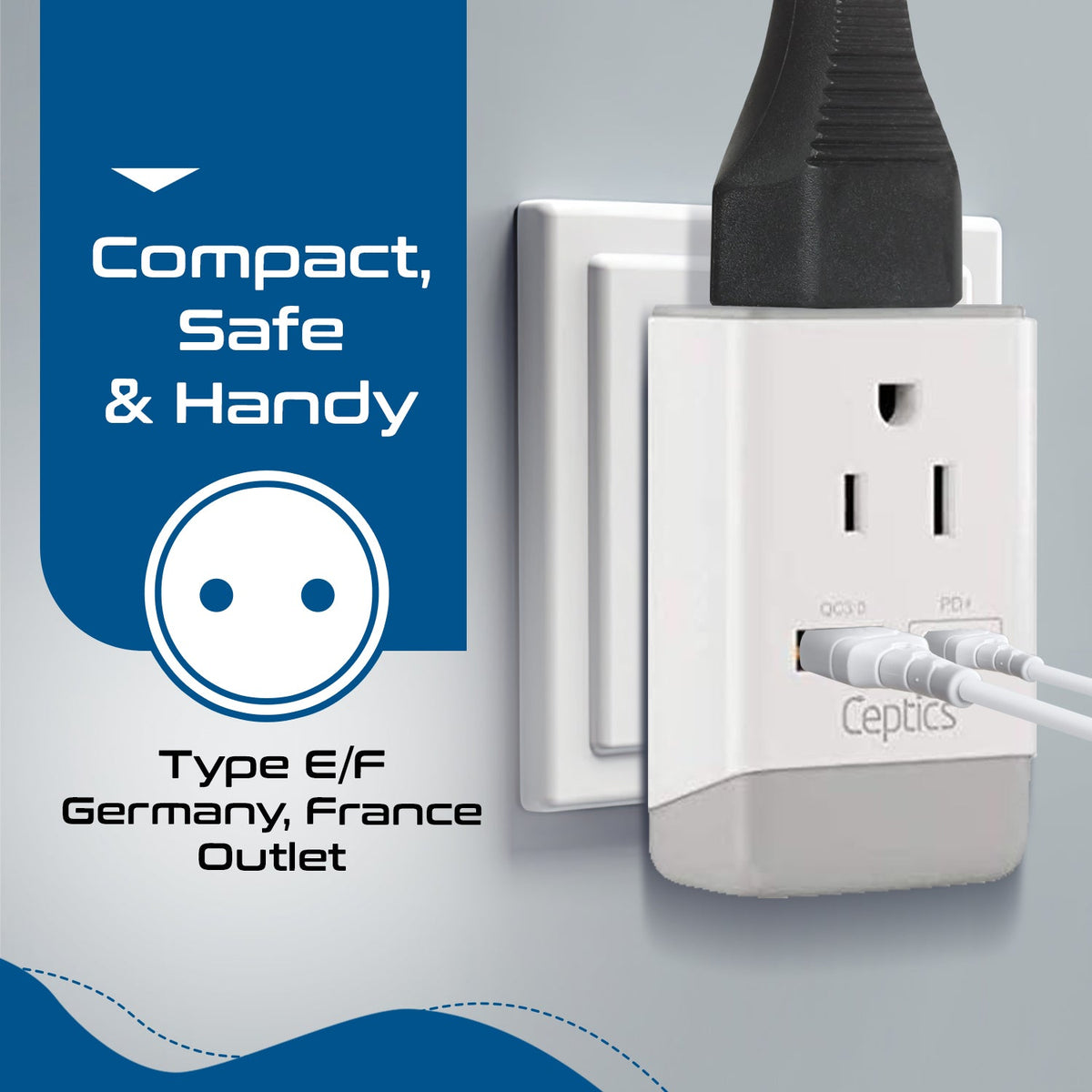 Europe (Schuko) Travel Adapter | Type E/F - USB-A & USB-C Ports + 2 USA Outlet (AP-9)