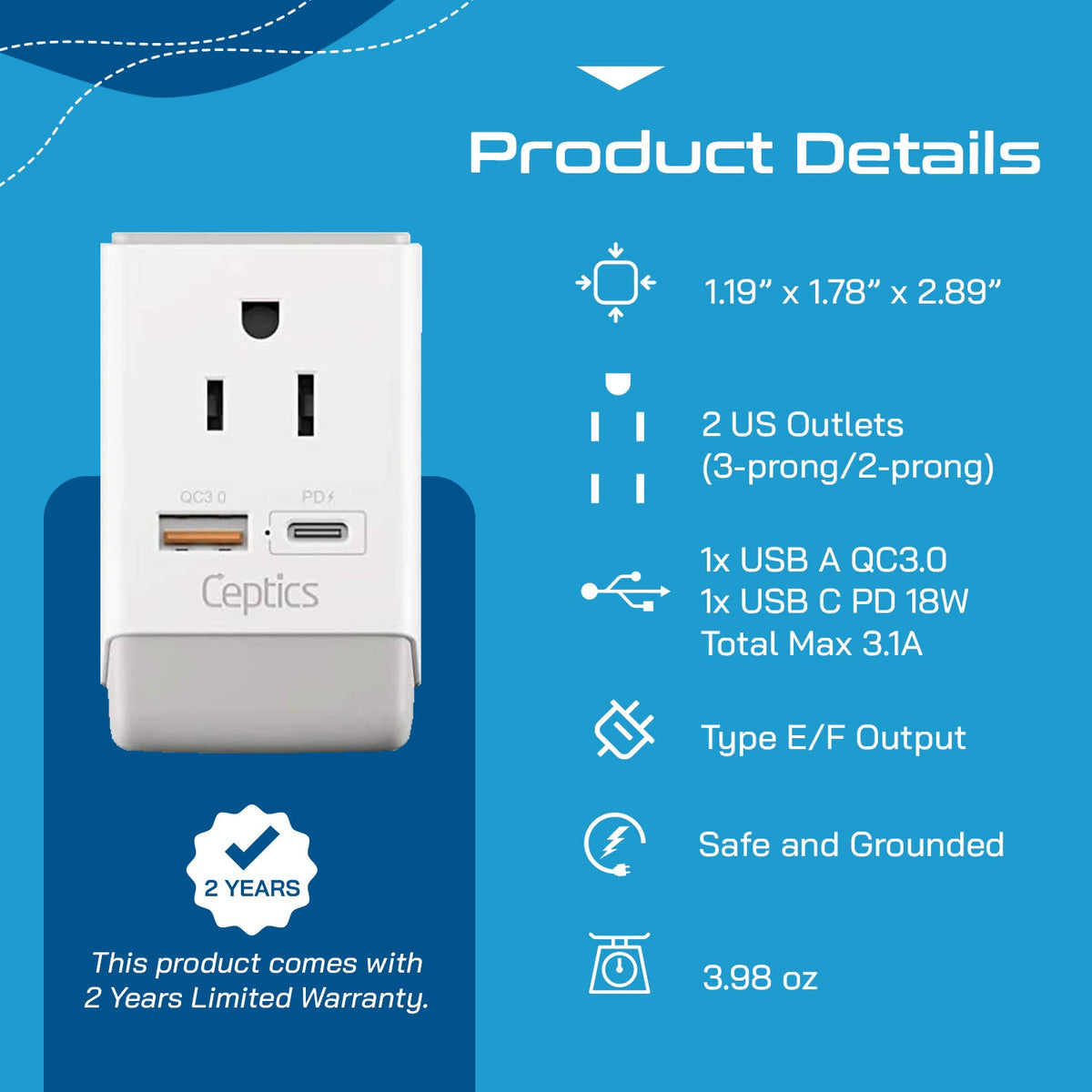 Europe (Schuko) Travel Adapter | Type E/F - USB-A & USB-C Ports + 2 USA Outlet (AP-9)