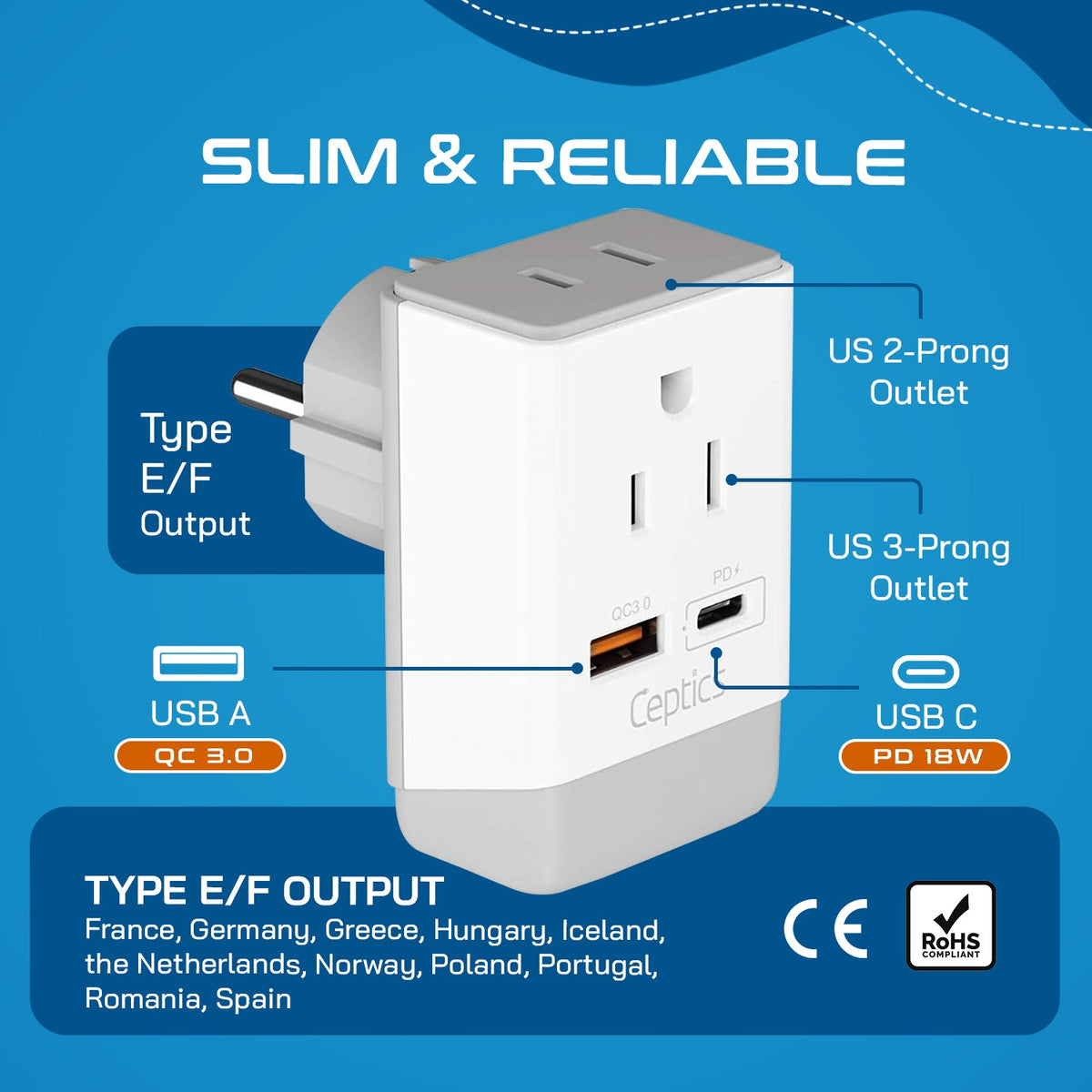 Europe (Schuko) Travel Adapter | Type E/F - USB-A & USB-C Ports + 2 USA Outlet (AP-9)